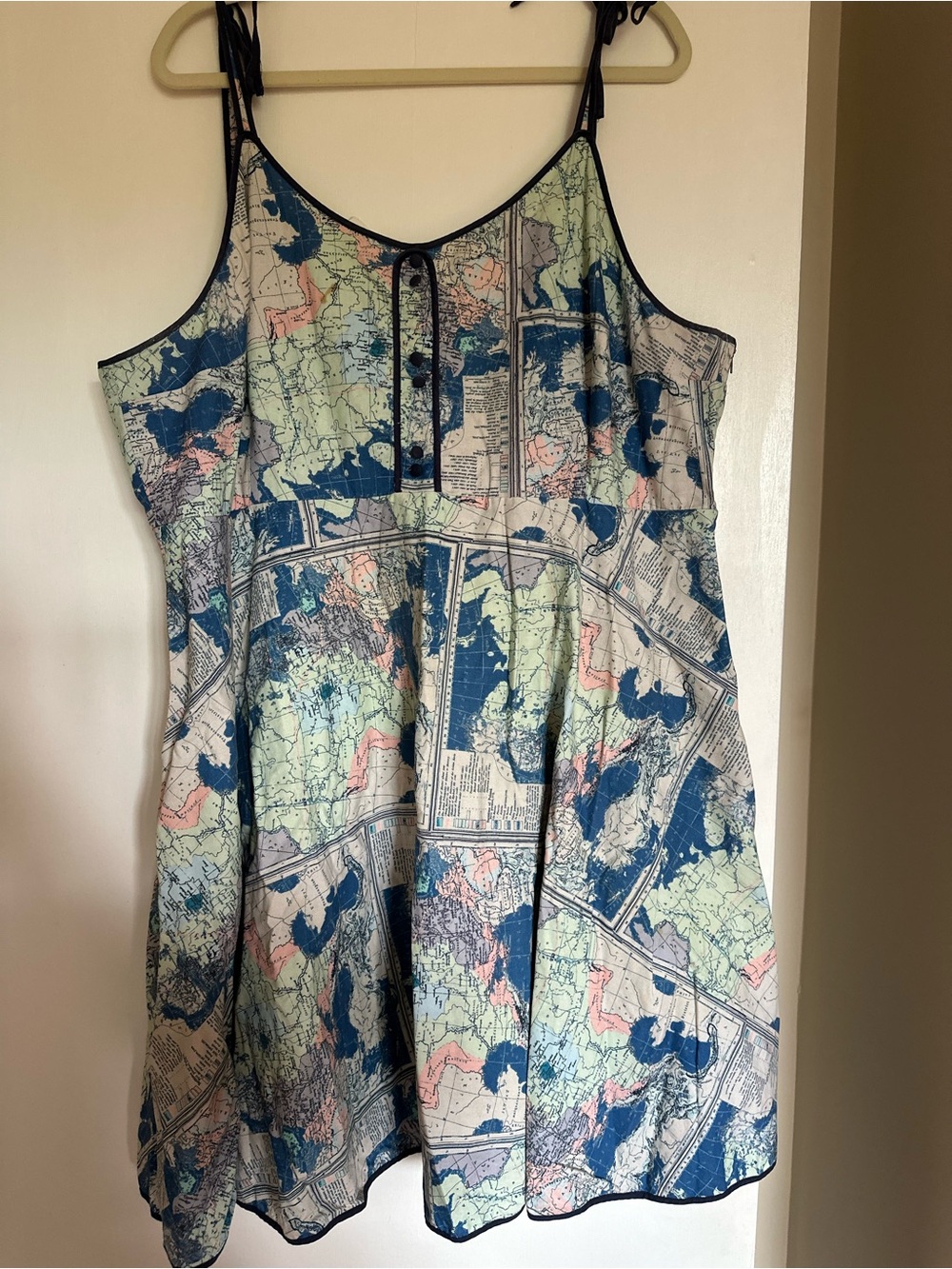 Modcloth Map Print Spaghetti Strap Dress in Blue, Green, Pink, Cream small stain